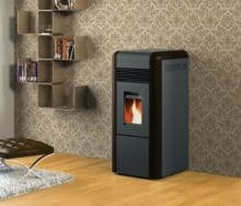 Black dino pellet boiler stove in a room.