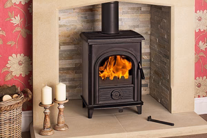 Alpha small black stove in a firepace.